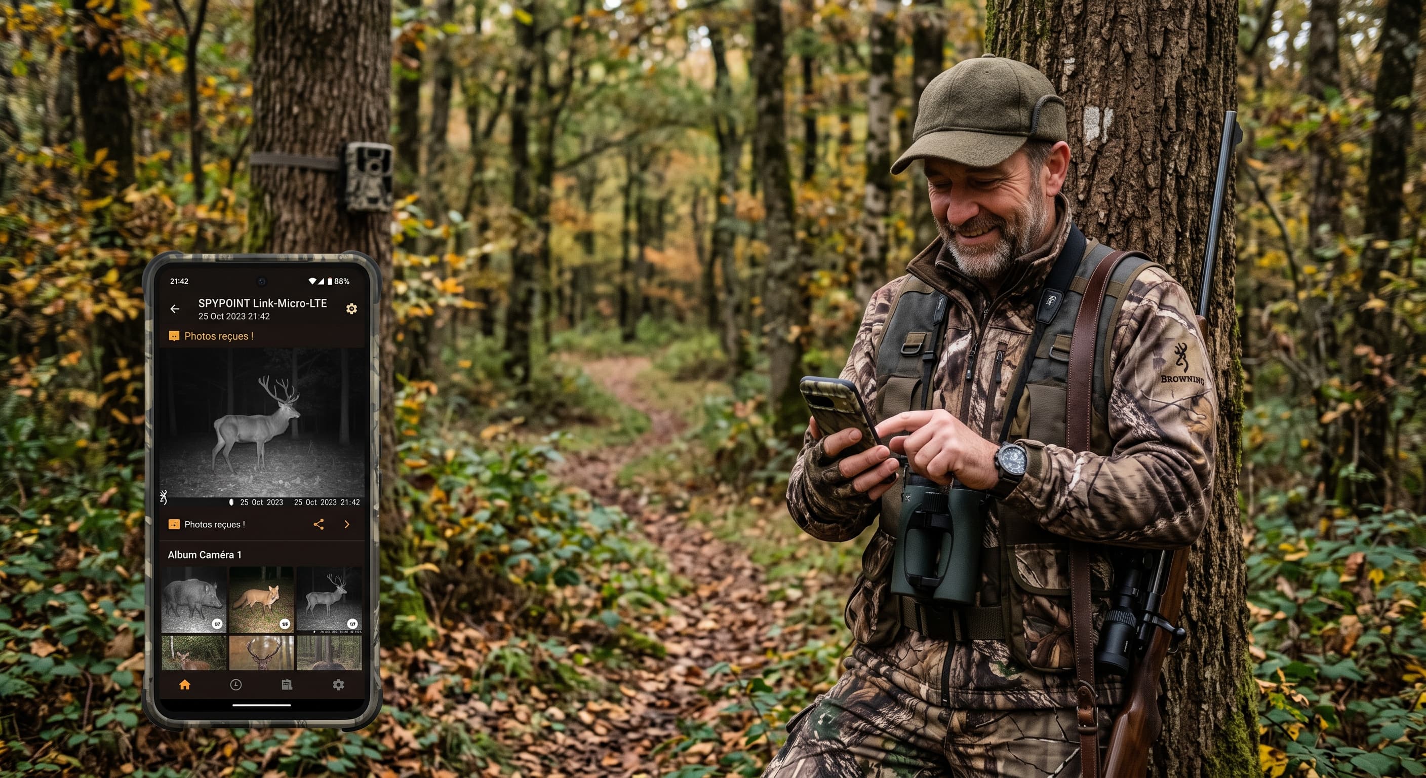 Chasseur consultant sur son smartphone les photos reçues de sa caméra de chasse connectée