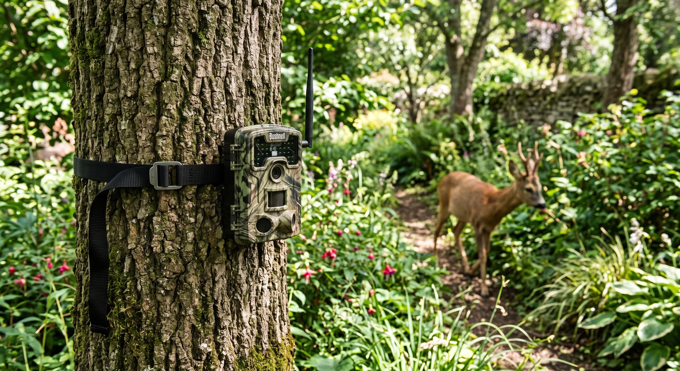 Caméra de chasse fixée sur un arbre dans un jardin, utilisée pour observer la faune locale