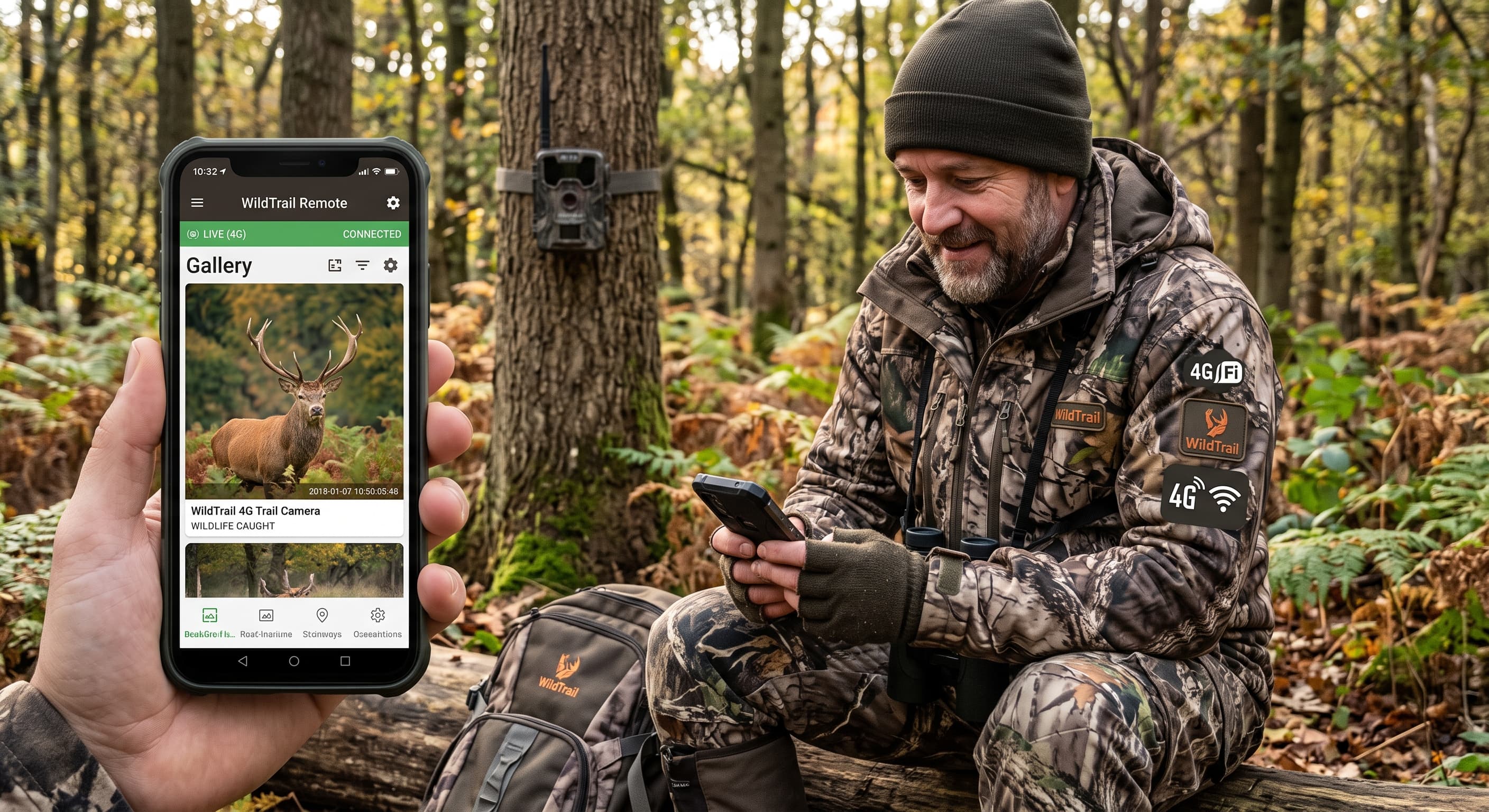 Consultation sur smartphone des photos d'une caméra de chasse connectée WildTrail en 4G et Wi-Fi