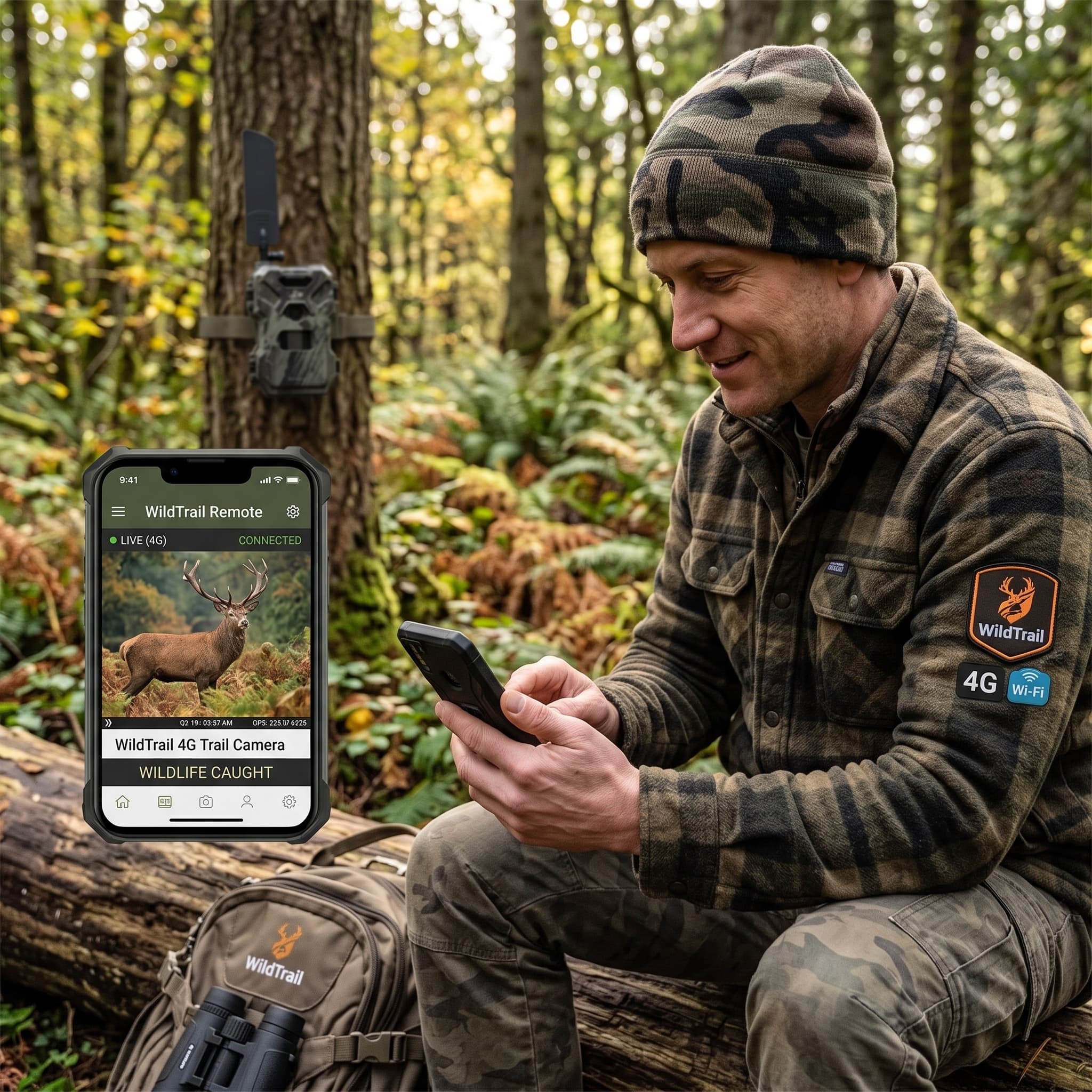 une personne qui consulter le flux de la caméra en temps réel depuis l'application wildtrail c40