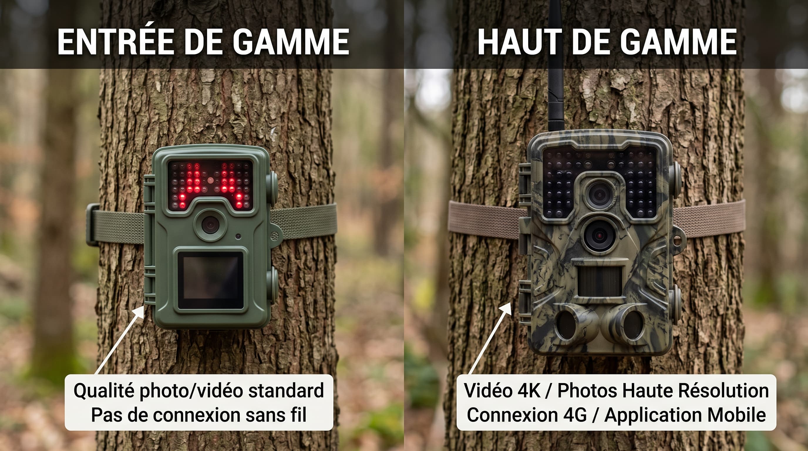 Comparaison de caméras de chasse d'entrée de gamme et haut de gamme posées côte à côte