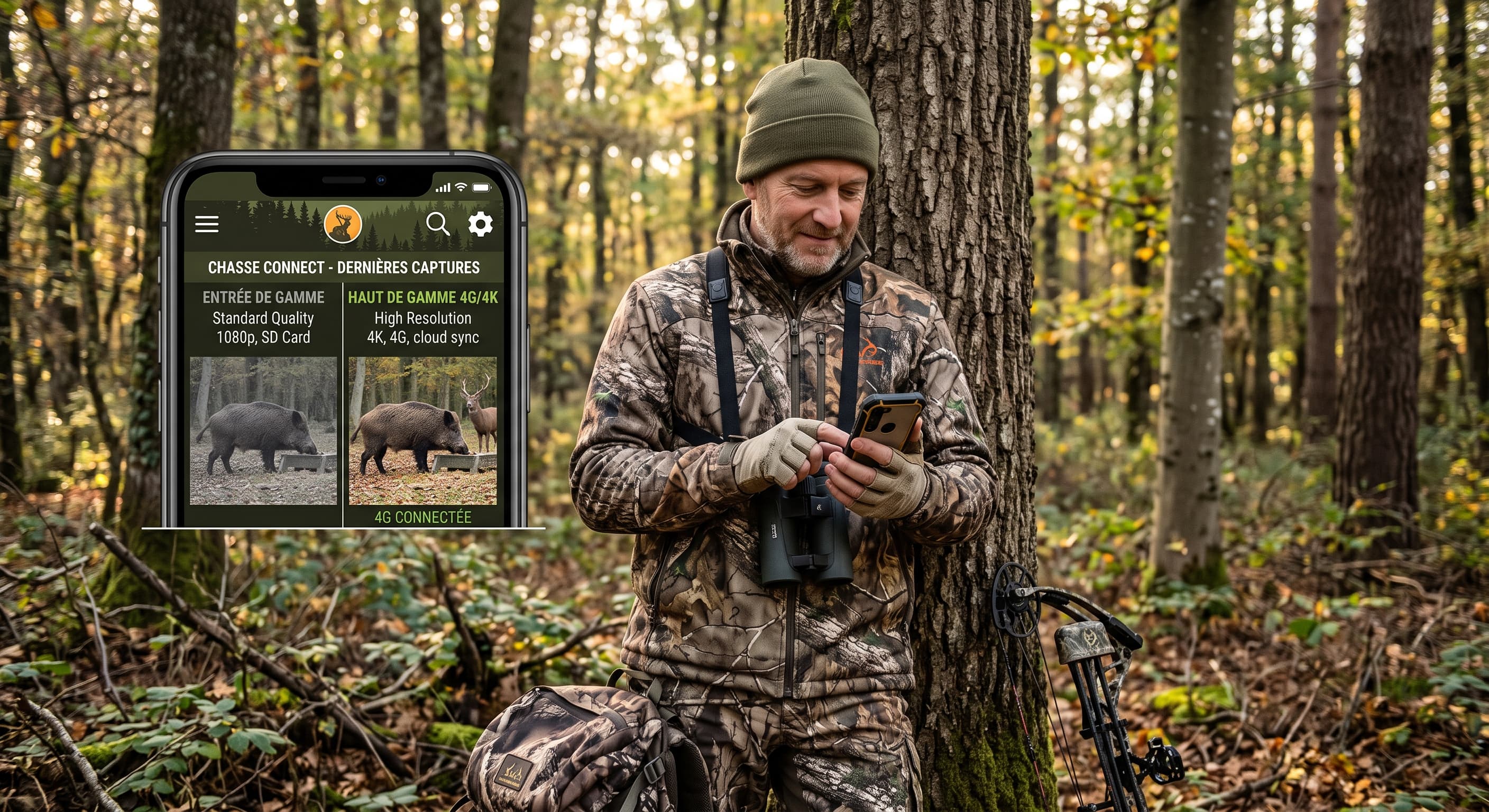 Chasseur consultant sur son téléphone les photos reçues d'une caméra de chasse connectée en forêt
