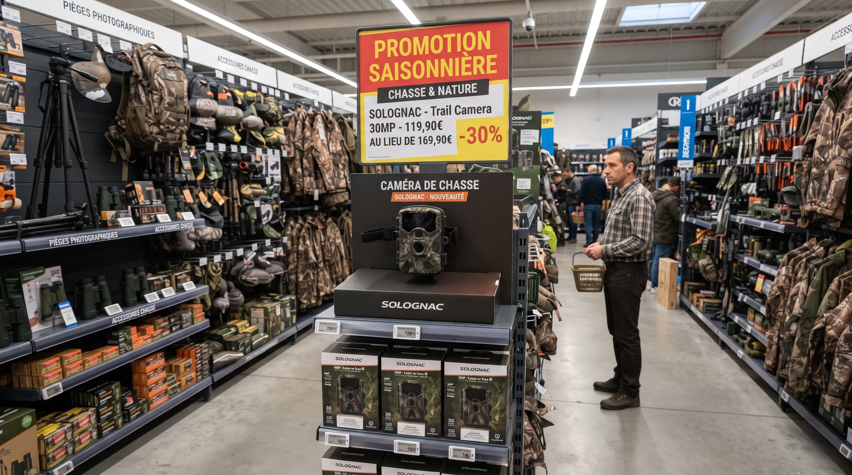 Rayon d'une grande surface avec une caméra de chasse en promotion saisonnière