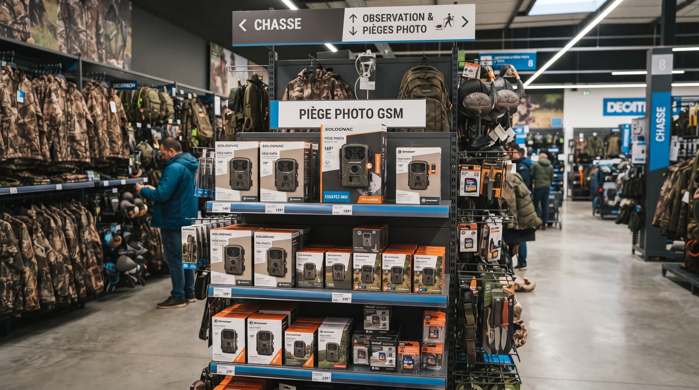 Rayon d'un magasin de sport avec un piège photo en rayon chasse