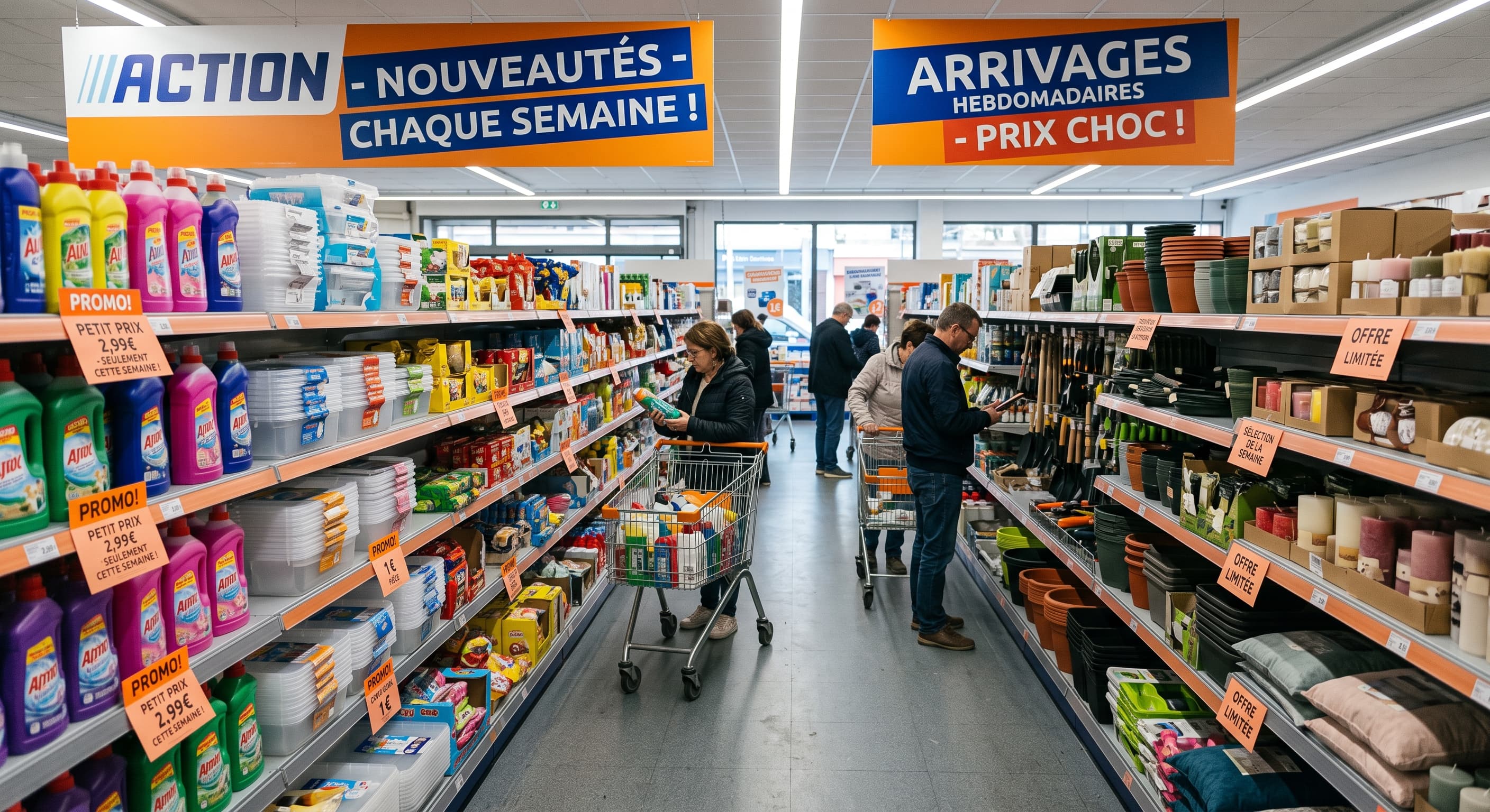 Rayon de magasin discount avec produits en rotation hebdomadaire
