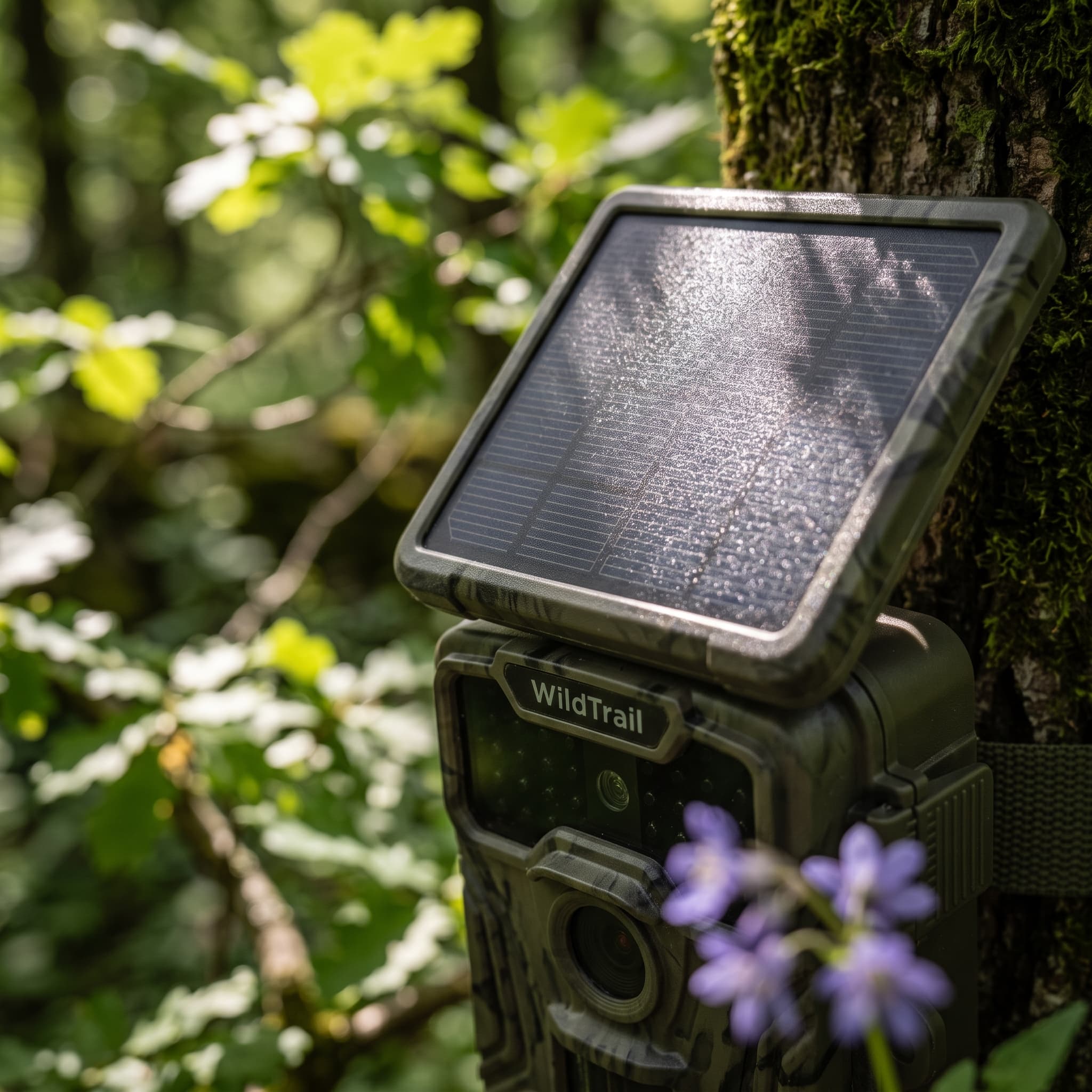 Gros plan sur le panneau solaire intégré d'une caméra WildTrail, captant les rayons du soleil à travers la canopée